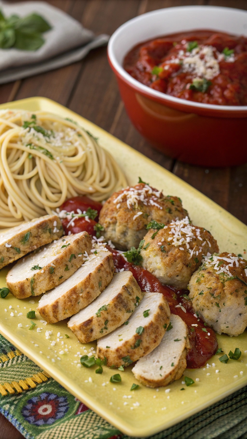 A plate of turkey and zucchini meatballs served with pasta and marinara sauce.