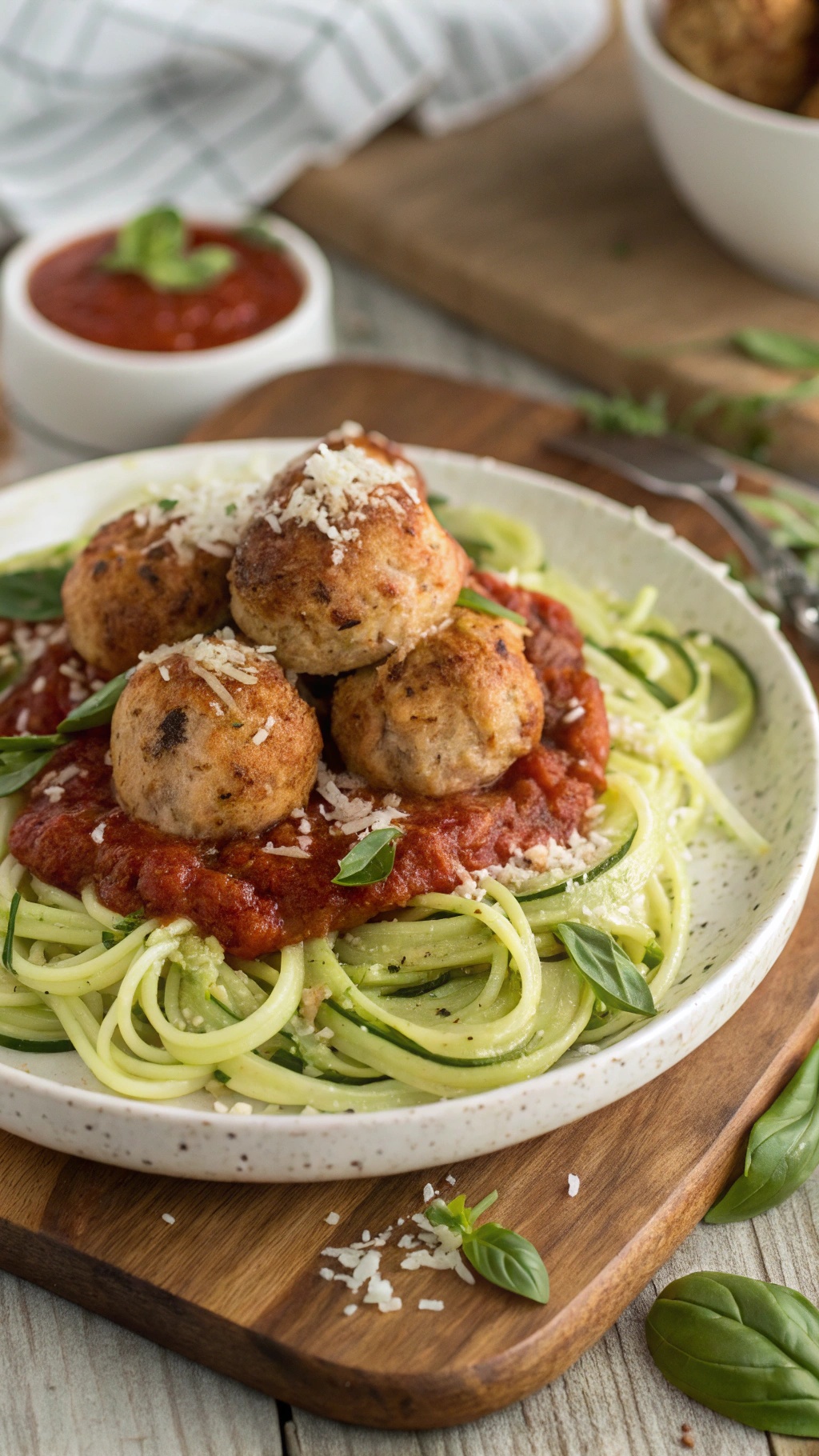 Plate of turkey meatballs on zucchini noodles with marinara sauce and fresh basil