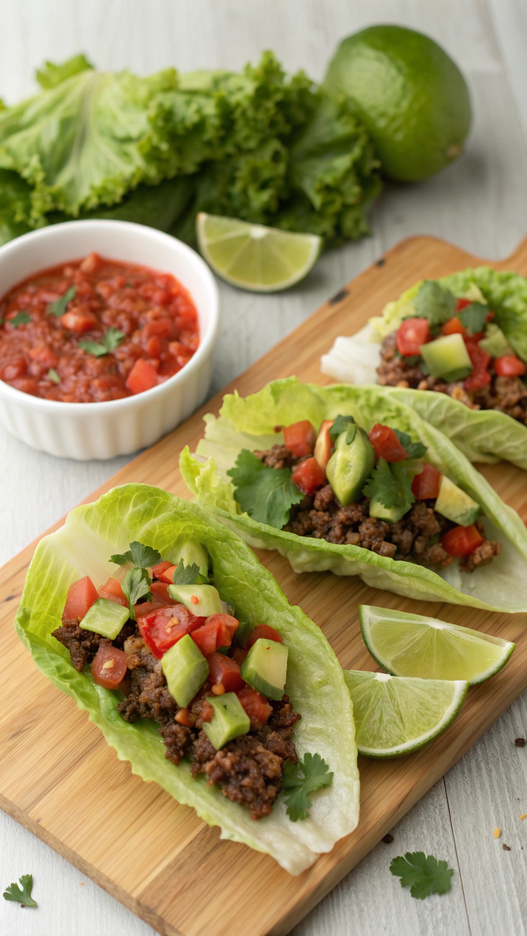 Whole30 Taco Lettuce Wraps with ground meat, tomatoes, avocado, and salsa