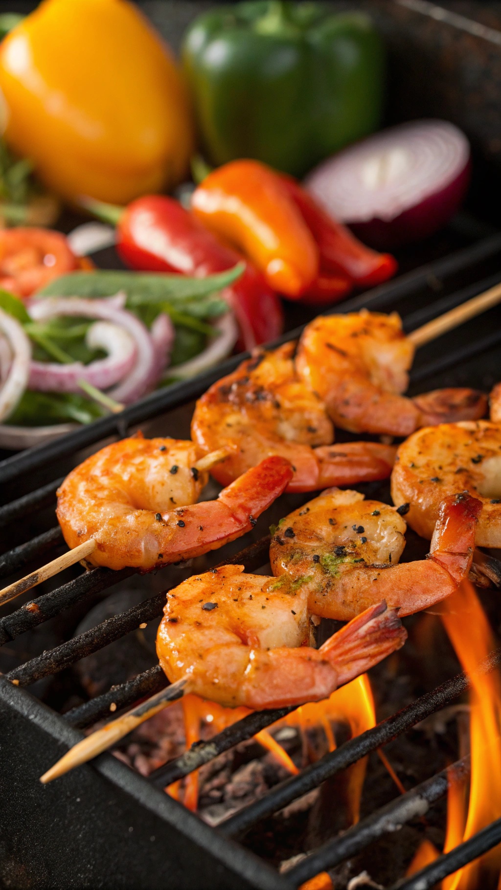 Grilled shrimp skewers on a barbecue grill with colorful vegetables