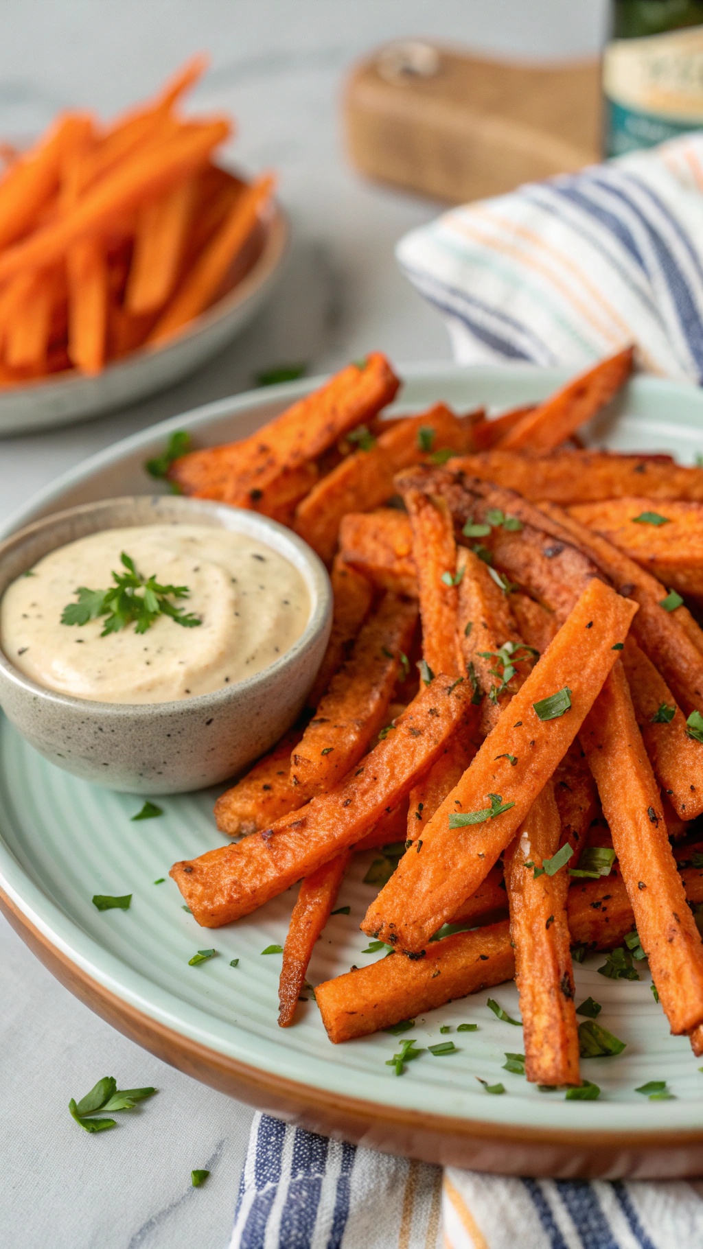 Plate of crispy carrot fries with a creamy dipping sauce