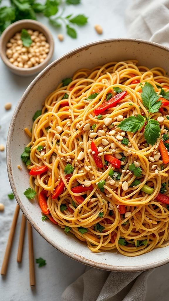 A bowl of Thai Peanut Pasta Salad with colorful vegetables and peanuts on top.