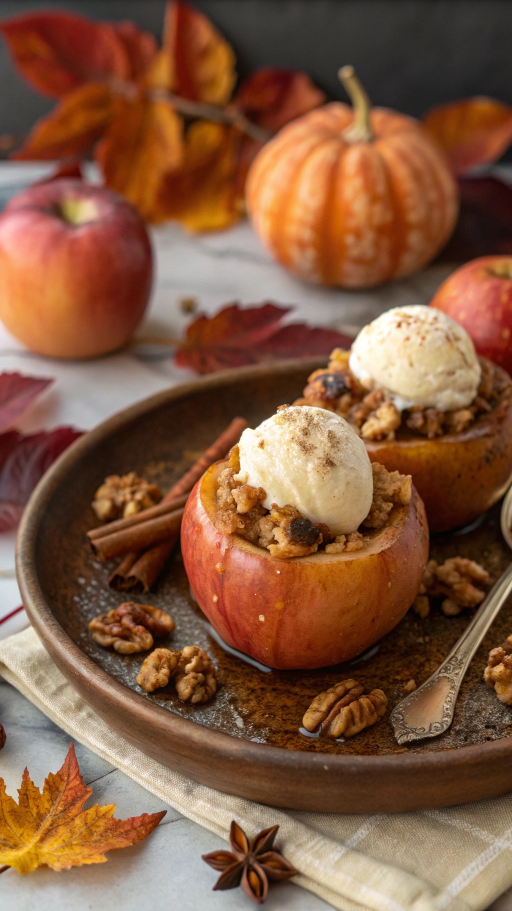 Baked apples filled with cinnamon and walnuts, topped with ice cream, surrounded by autumn leaves and pumpkins.