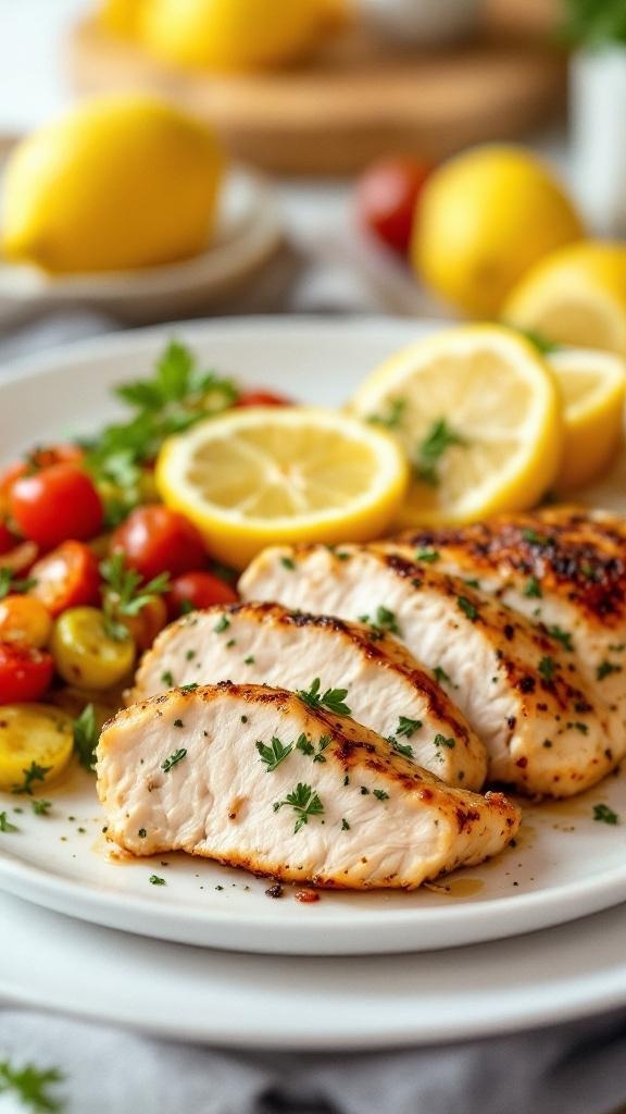 Baked lemon herb chicken breasts served with cherry tomatoes and lemon slices