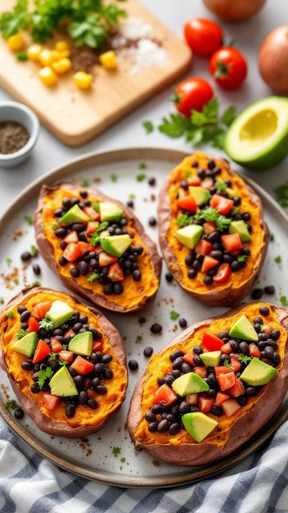 Baked sweet potatoes stuffed with black beans, tomatoes, and avocado on a plate.