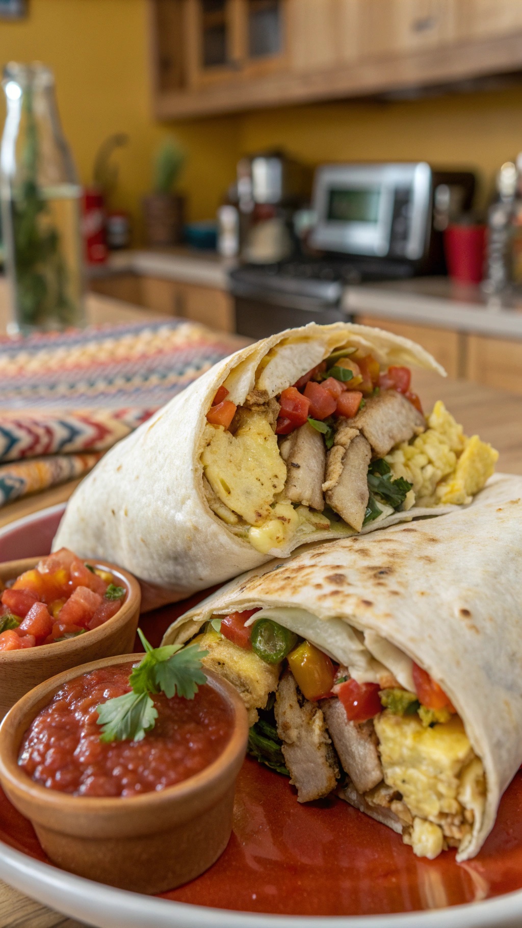 A delicious breakfast burrito filled with turkey, scrambled eggs, and veggies, served with salsa.