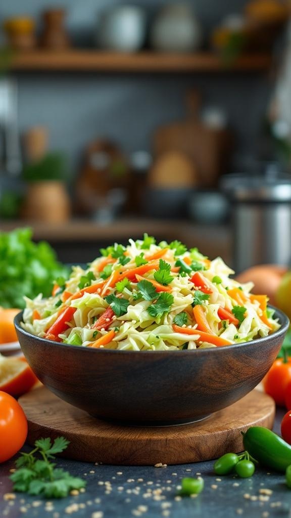 A colorful bowl of cabbage stir-fry with carrots and green onions, garnished with cilantro.