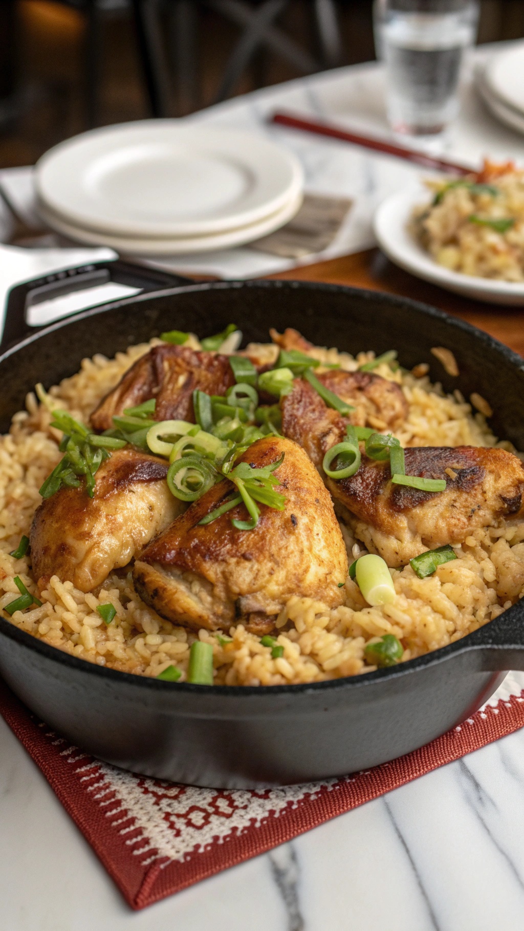 A delicious one-pot chicken and rice meal garnished with green onions.