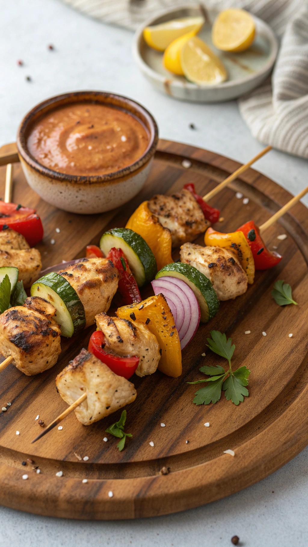 Grilled chicken and vegetable skewers on a wooden platter with a dipping sauce.