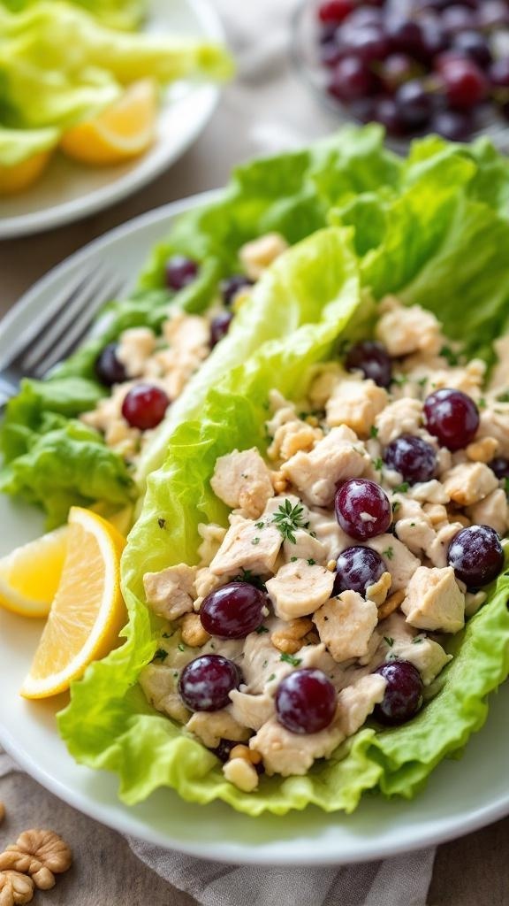 Chicken salad lettuce wraps with grapes and walnuts on a plate