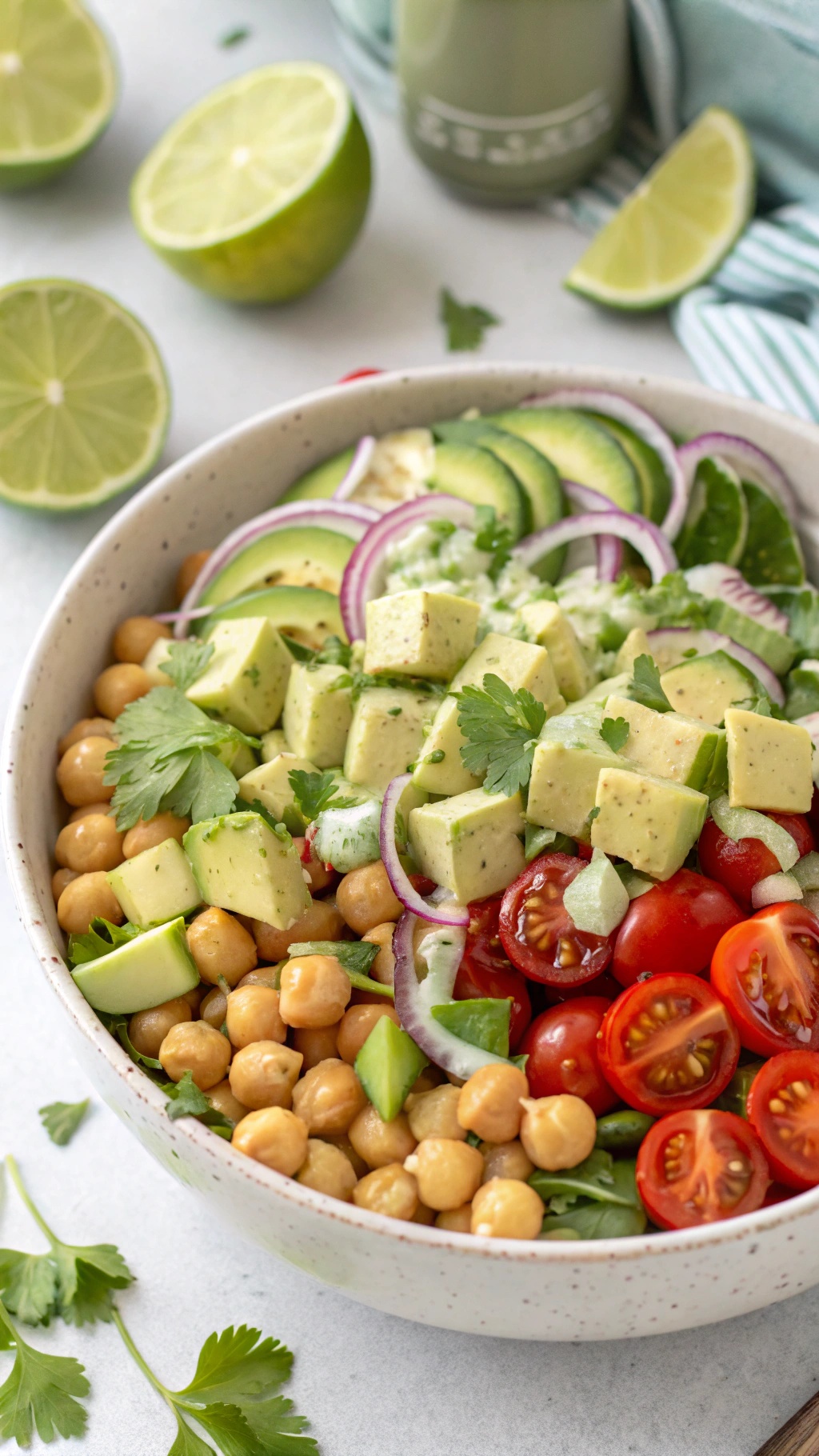 A colorful bowl of chickpea and avocado salad with lime and fresh vegetables.