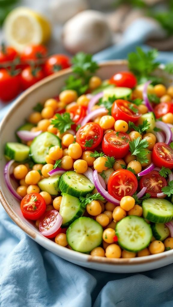 A colorful chickpea salad with tomatoes, cucumbers, and herbs in a bowl.