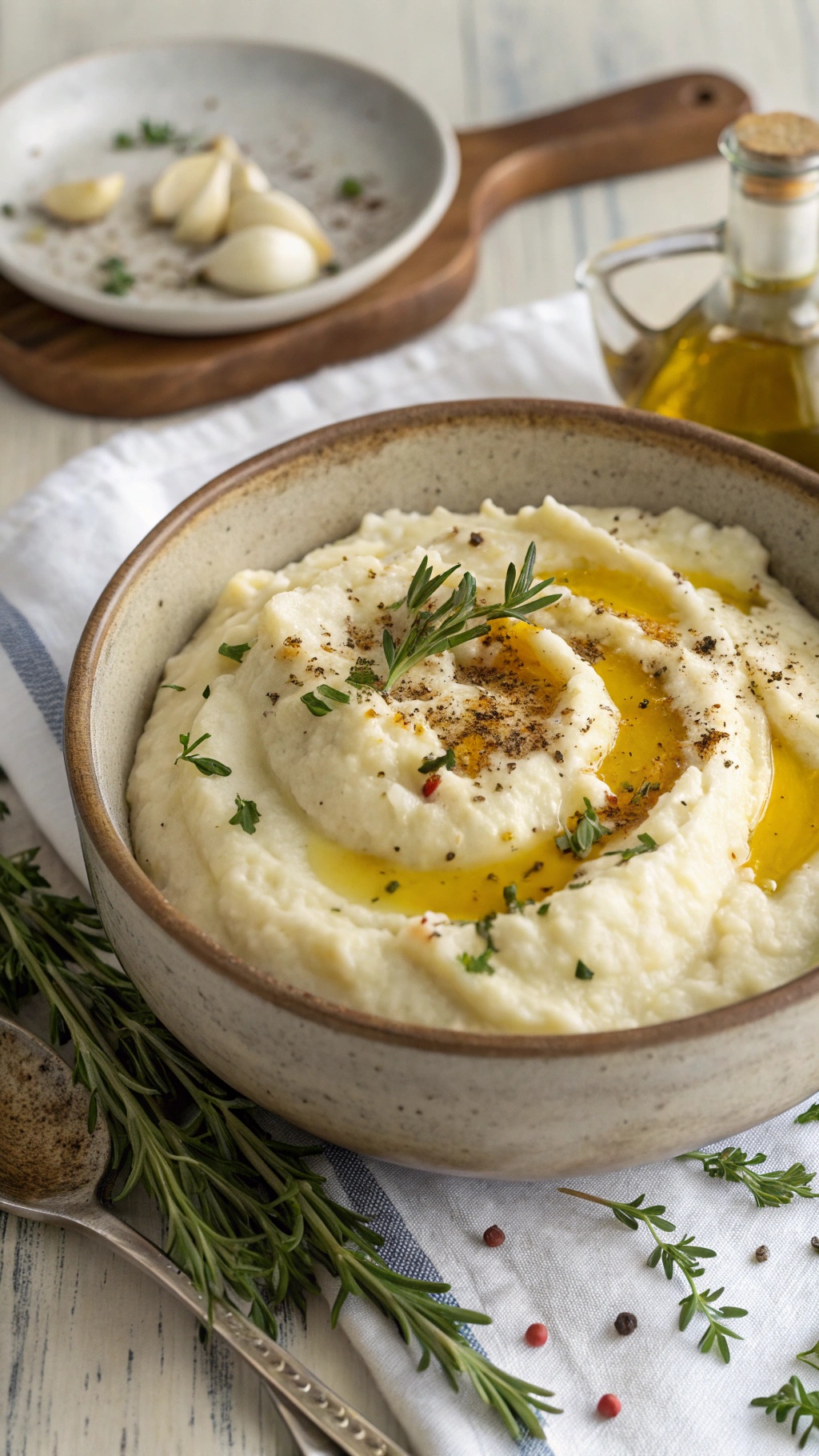 A bowl of garlic mashed cauliflower garnished with herbs and olive oil.