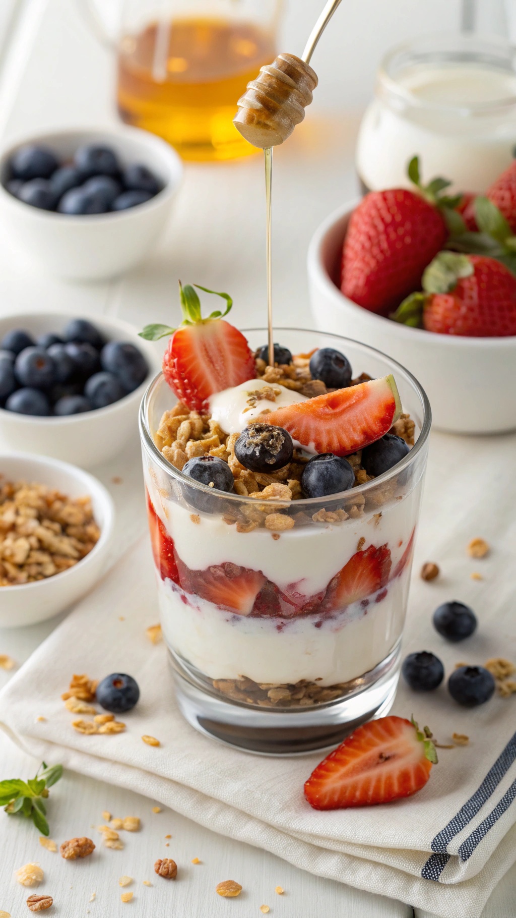 Greek yogurt parfait with strawberries, blueberries, and granola