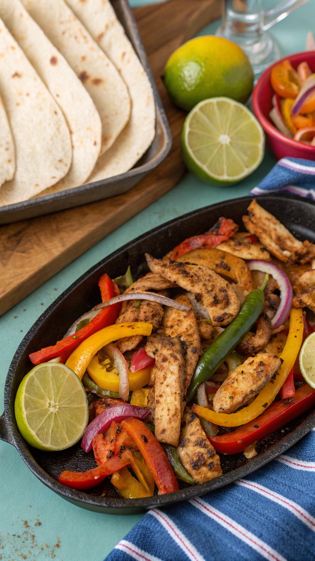 Grilled chicken fajitas with colorful peppers and lime wedges on a skillet.