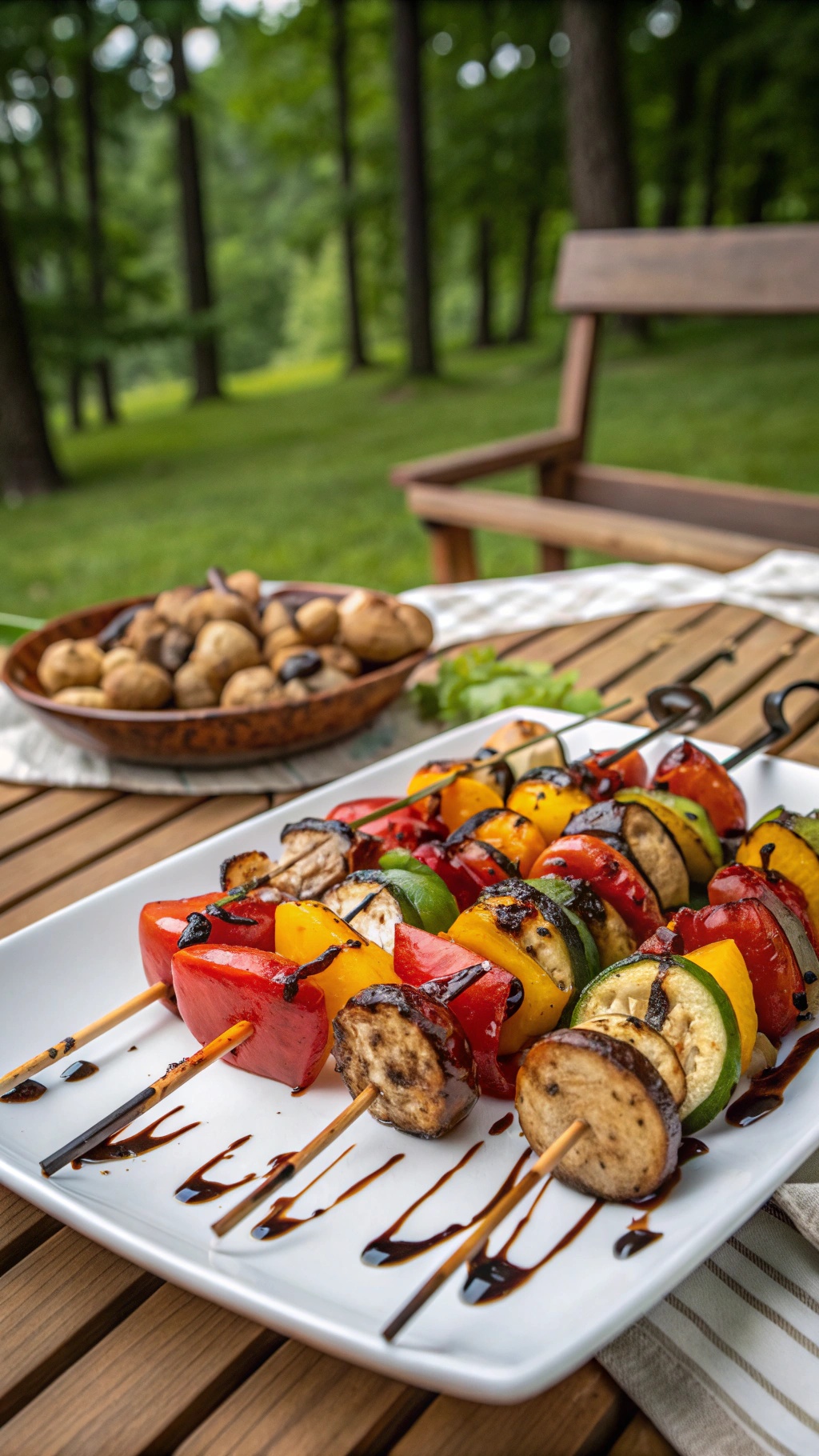 Colorful grilled vegetable skewers on a white plate with a side of mushrooms.