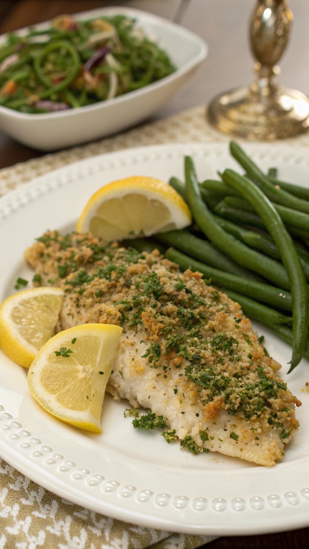 A plate of herb-crusted baked tilapia with lemon slices and green beans.