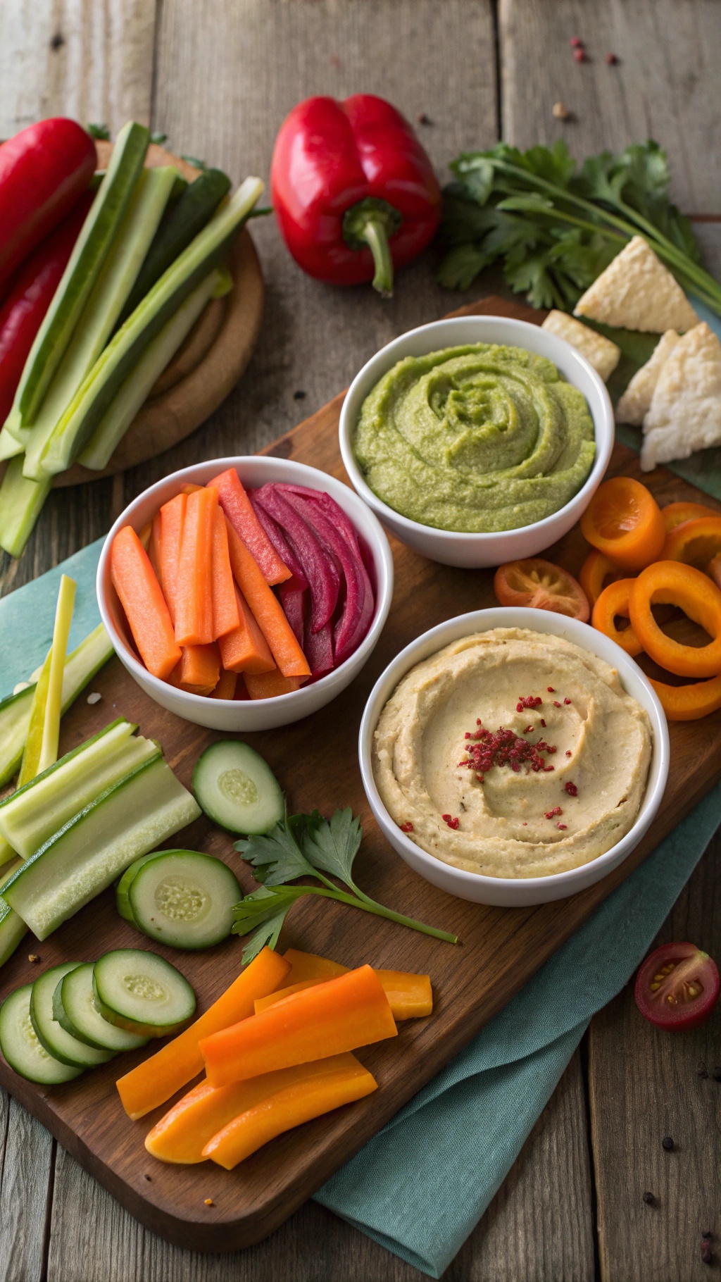A colorful platter featuring three types of hummus dips with fresh vegetables for dipping.
