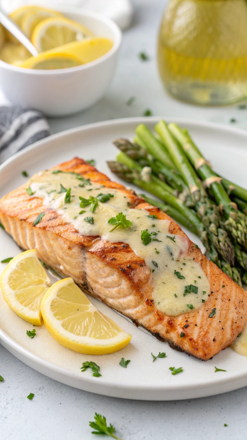 Grilled salmon fillet topped with sauce, served with asparagus and lemon slices.