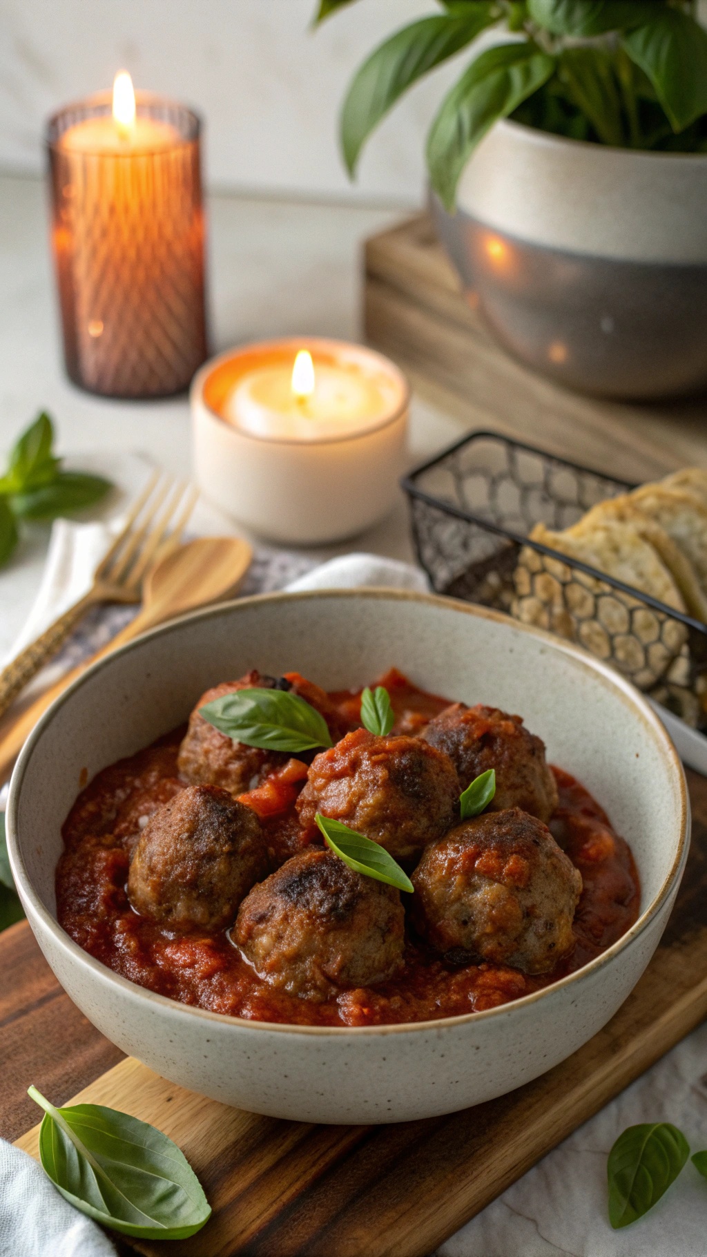 A bowl of meatballs in tomato sauce, garnished with basil, surrounded by candles and a plant.