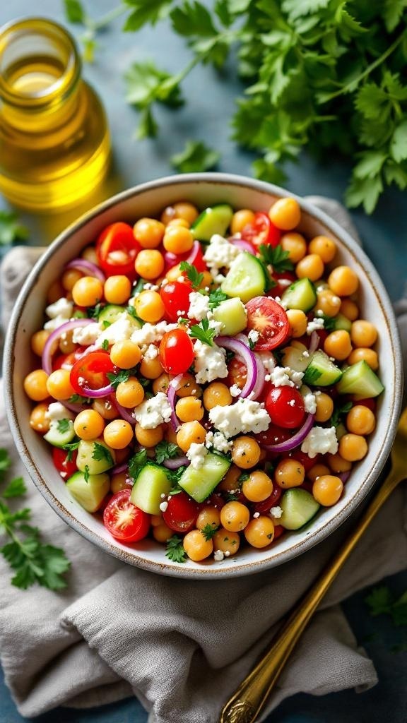 A colorful Mediterranean Chickpea Salad with chickpeas, cherry tomatoes, cucumbers, red onion, and feta cheese.