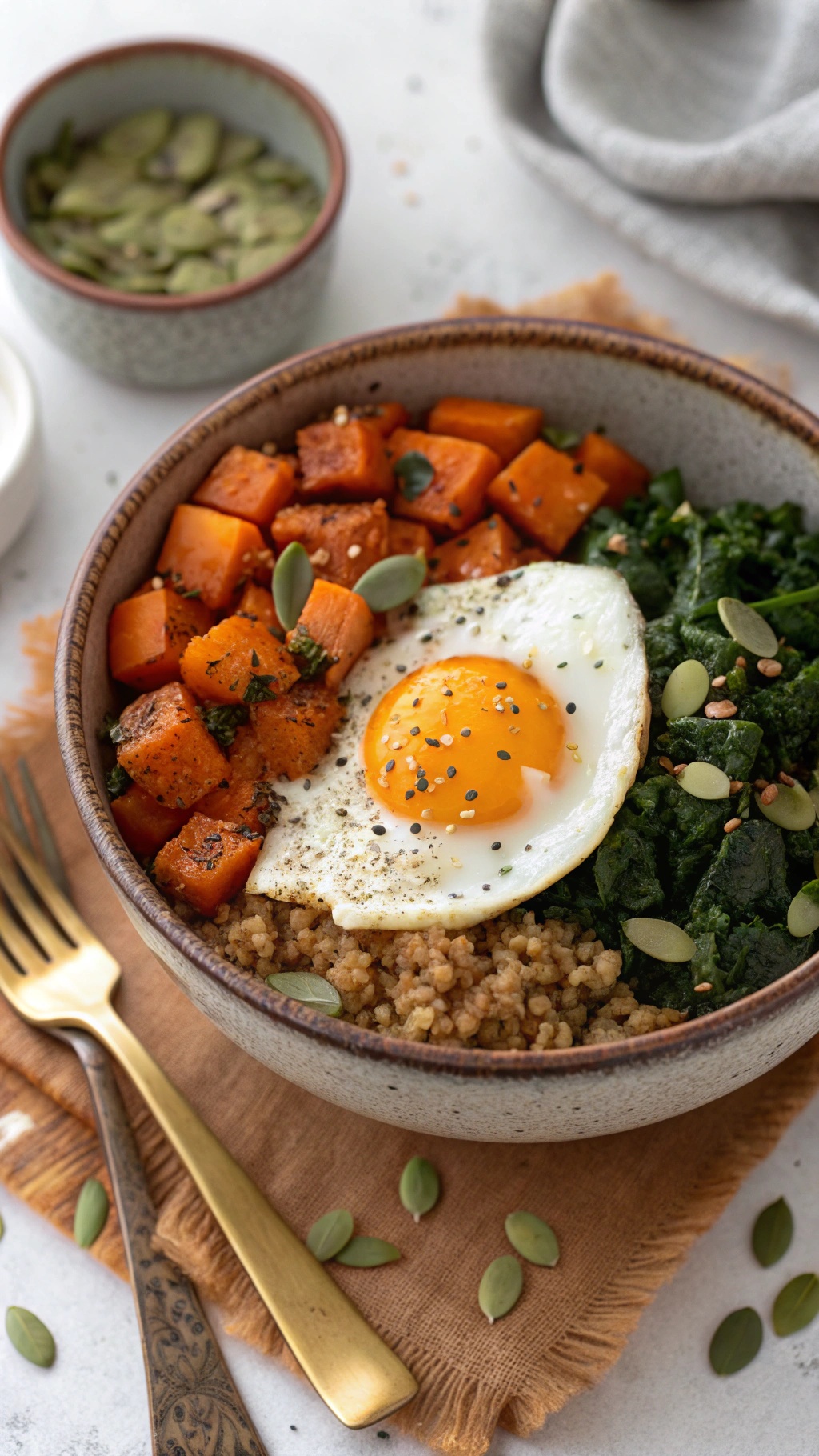 A quinoa breakfast bowl with sweet potatoes, greens, and a fried egg.