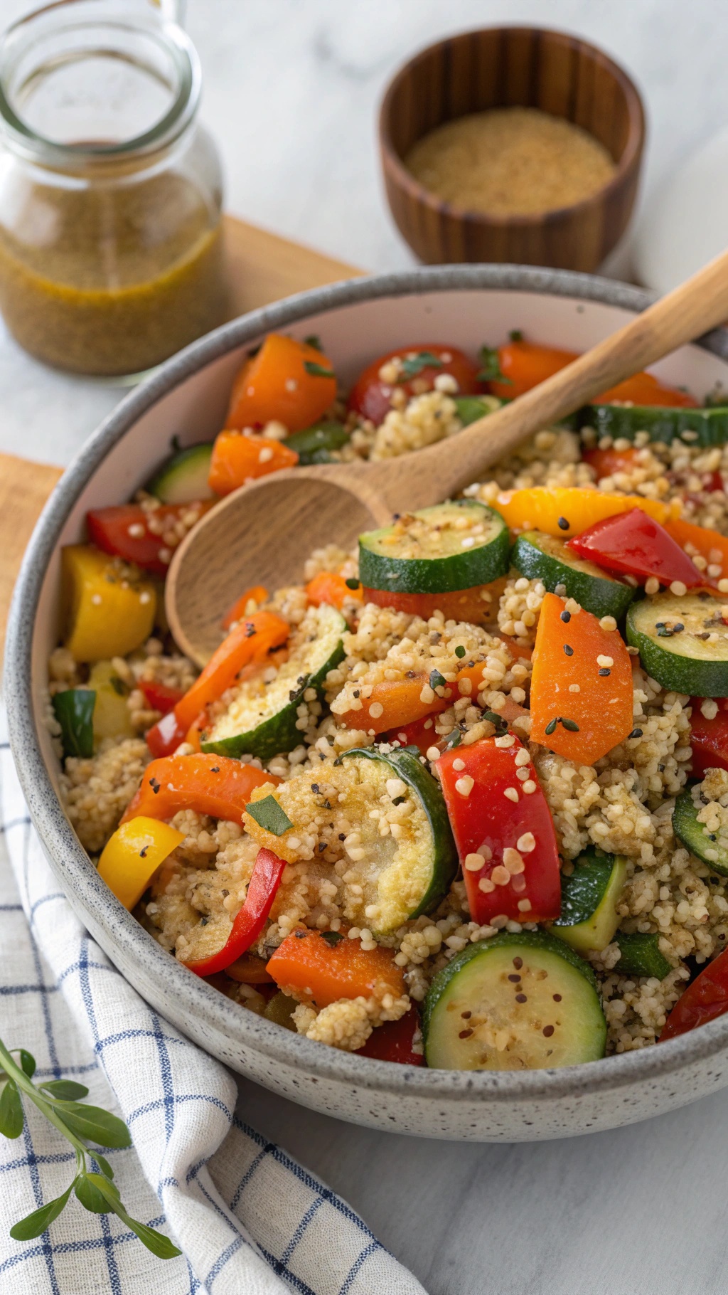 A bowl of quinoa salad with roasted vegetables, garnished with herbs.