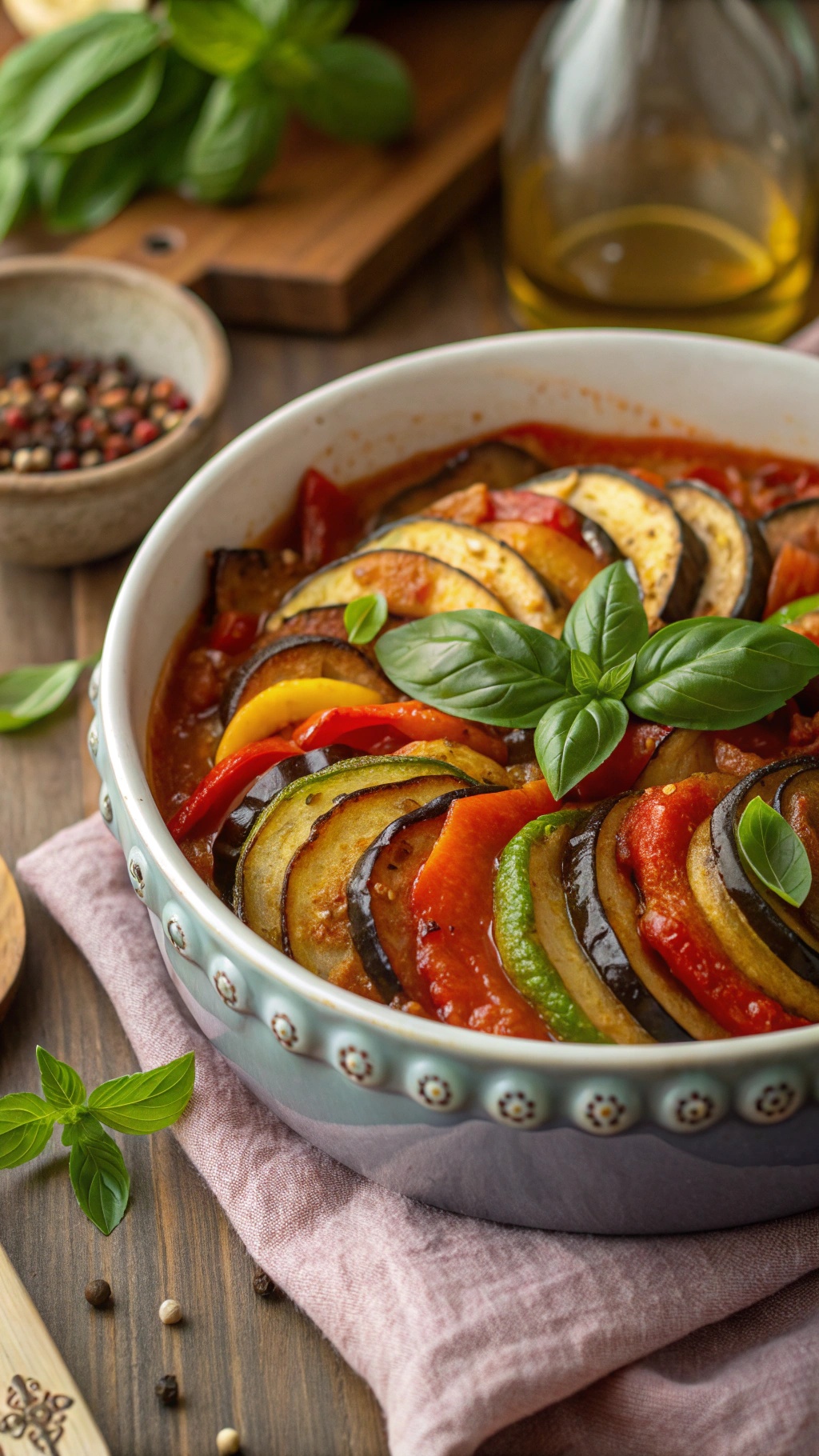 A bowl of ratatouille stew with layers of colorful vegetables and fresh basil on top.