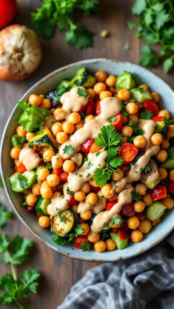 A colorful bowl filled with roasted vegetables and chickpeas, topped with a creamy sauce and fresh cilantro.