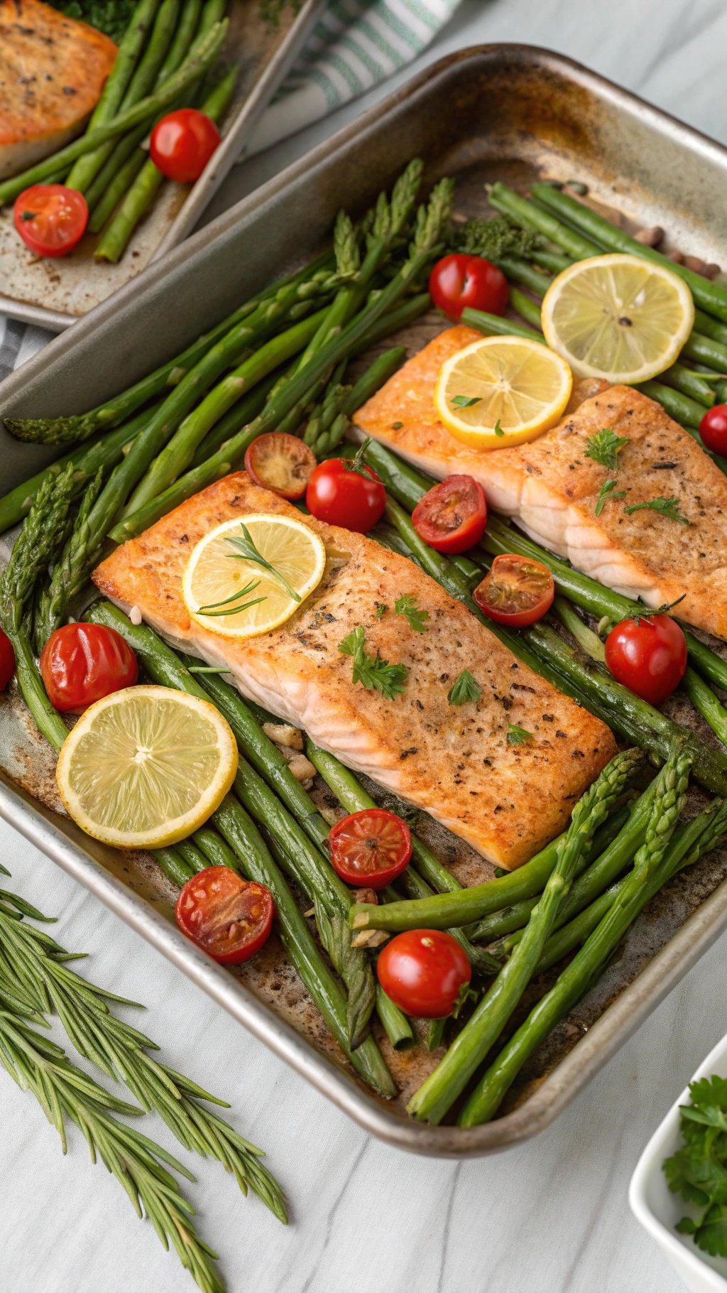 Sheet pan salmon with asparagus and cherry tomatoes, garnished with lemon slices and fresh herbs.