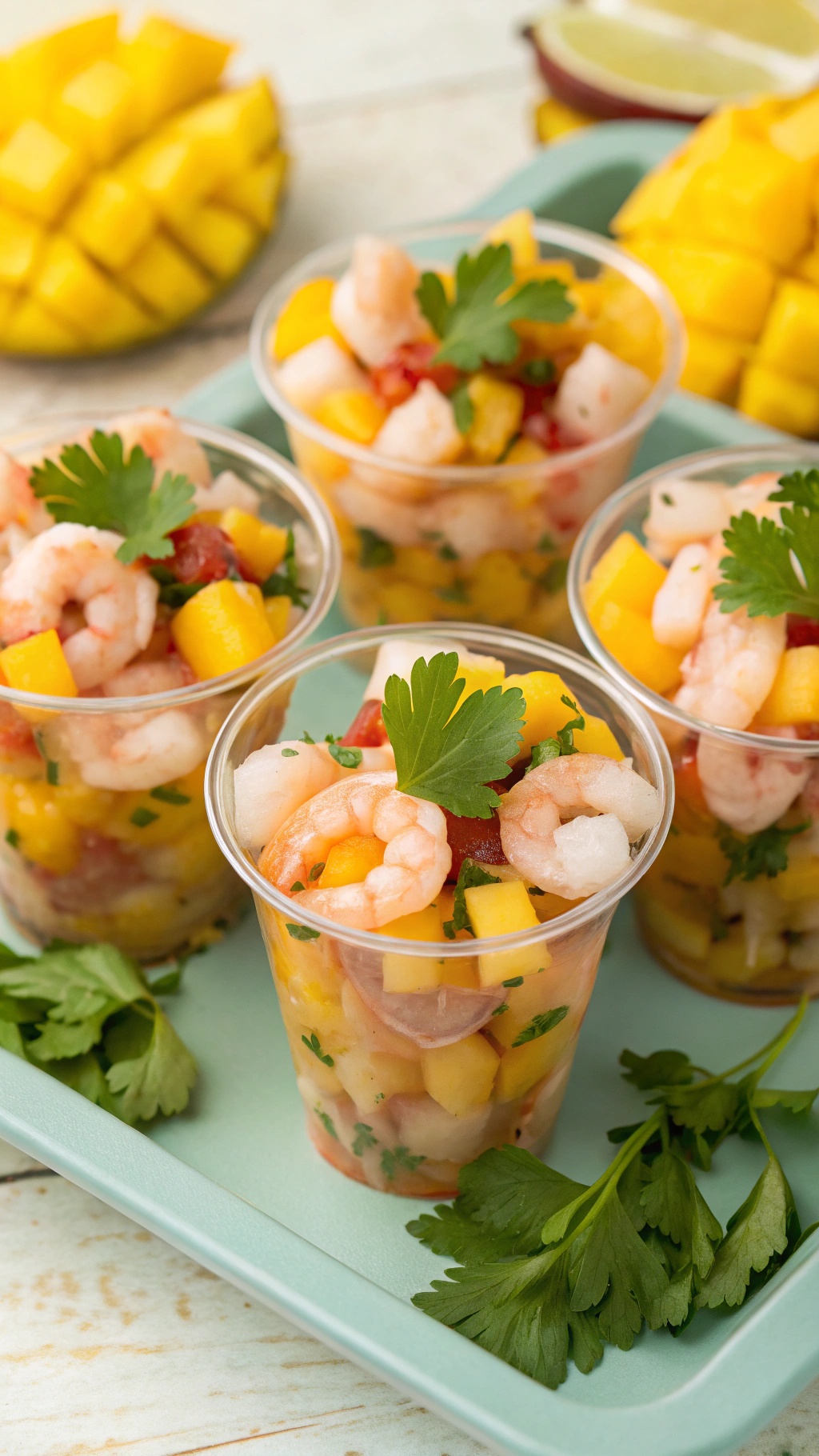 Shrimp ceviche cups with mango and cilantro