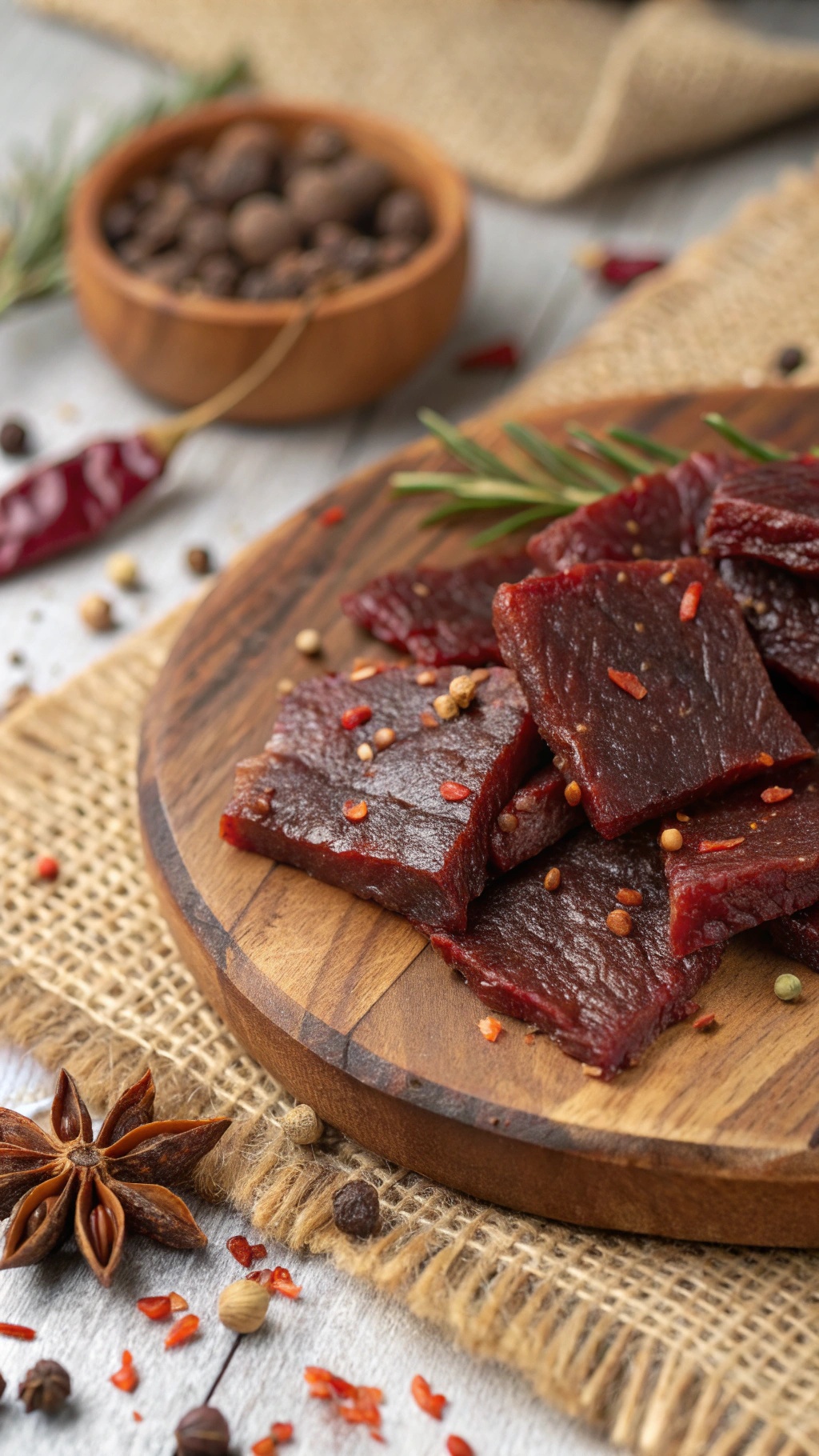 A plate of spicy beef jerky with spices and herbs around it.