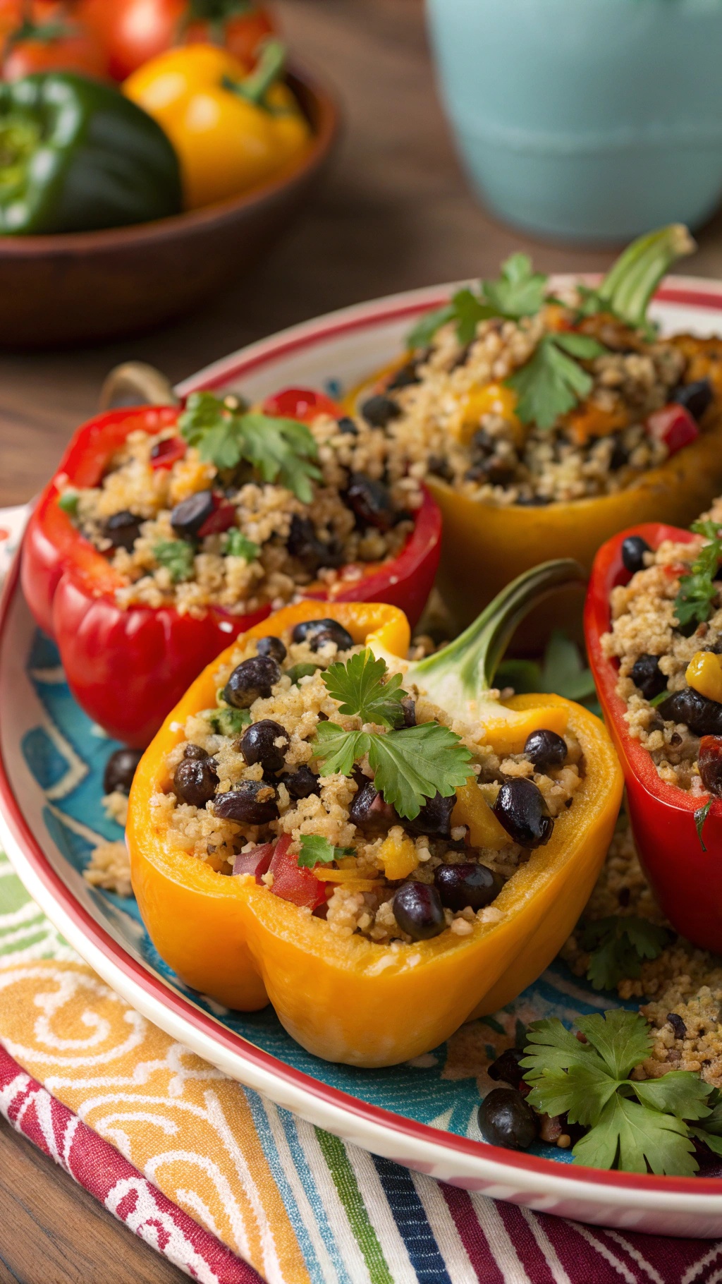 Stuffed bell peppers filled with quinoa, black beans, and vegetables, garnished with cilantro.