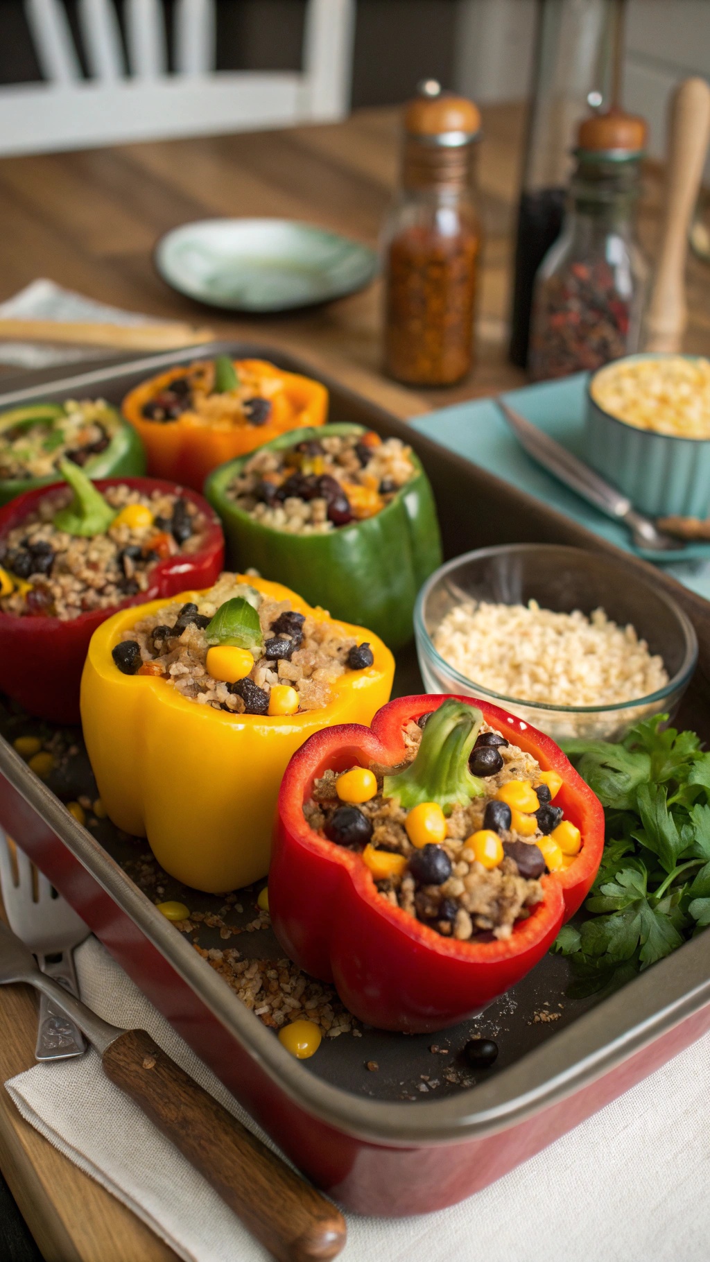 Colorful stuffed bell peppers filled with rice and beans, garnished with cilantro.