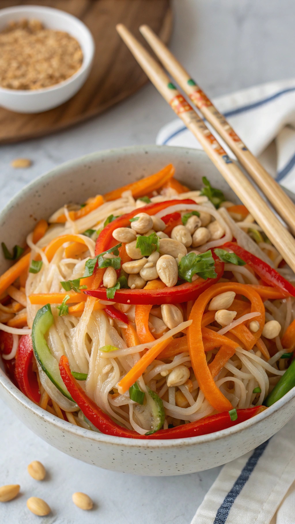 A bowl of Thai peanut noodle salad with colorful vegetables and peanuts on top, chopsticks resting beside it.