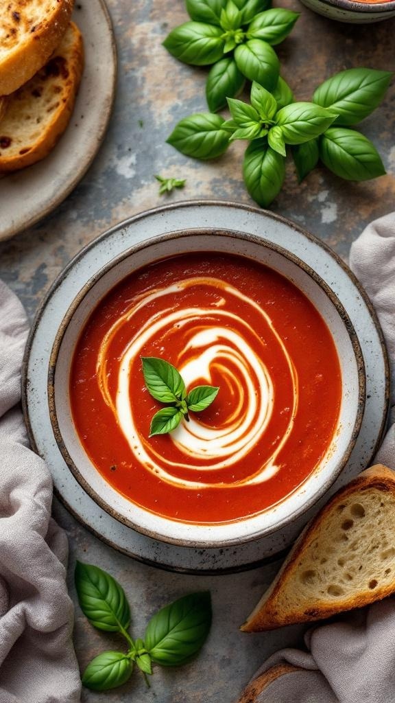 A bowl of tomato basil soup garnished with basil leaves and a swirl of cream, accompanied by slices of toasted bread.