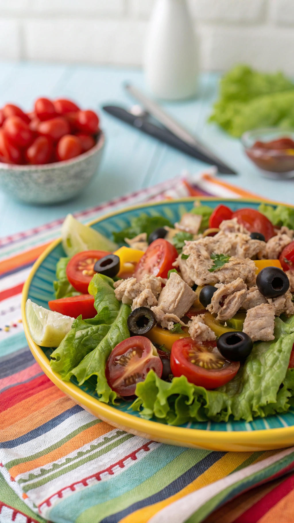 A colorful plate of tuna salad lettuce wraps with cherry tomatoes and olives, set on a striped tablecloth.