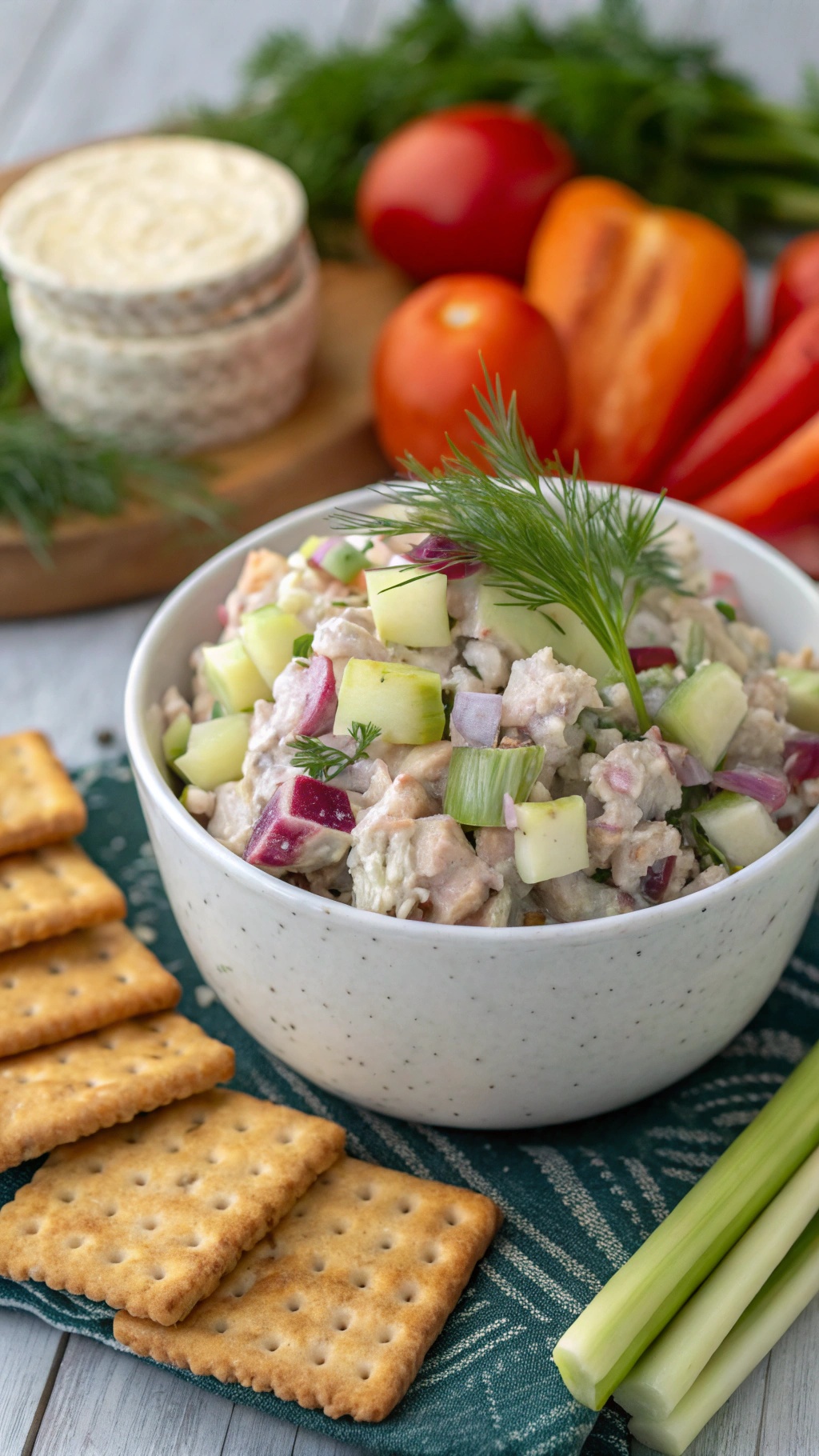 A bowl of tuna salad with diced apples and celery, served with crackers.