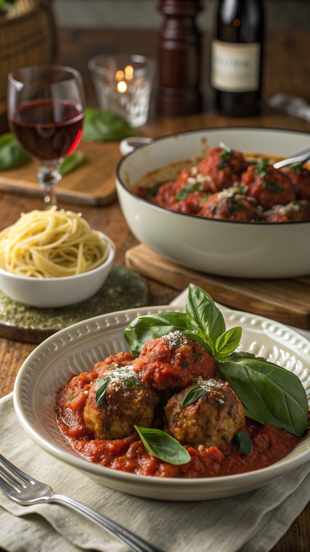 A plate of turkey and spinach meatballs in tomato sauce, garnished with basil, alongside a bowl of spaghetti.