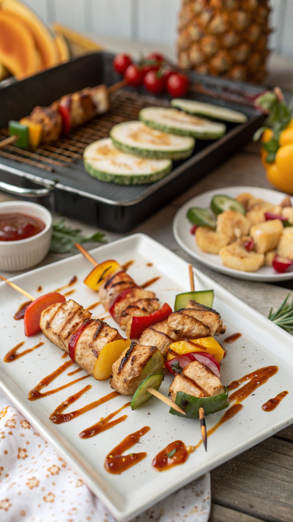 Turkey and vegetable skewers on a grill with colorful veggies