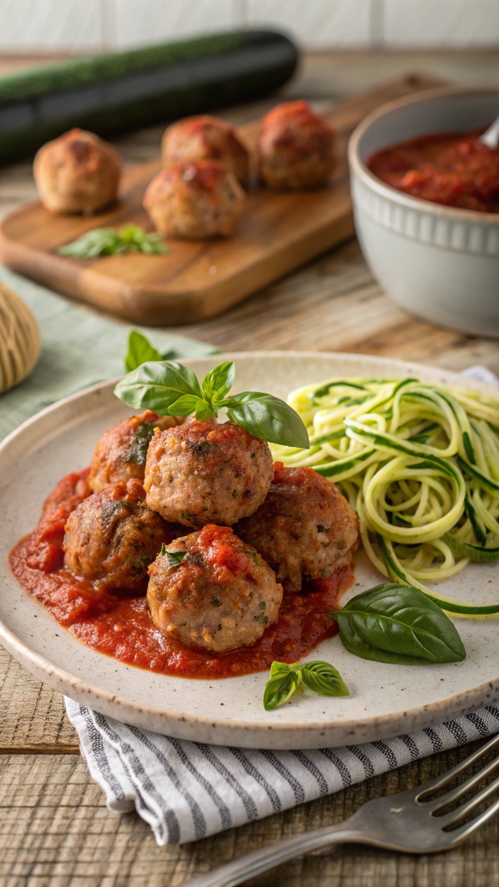 Plate of turkey meatballs with marinara sauce and zucchini noodles