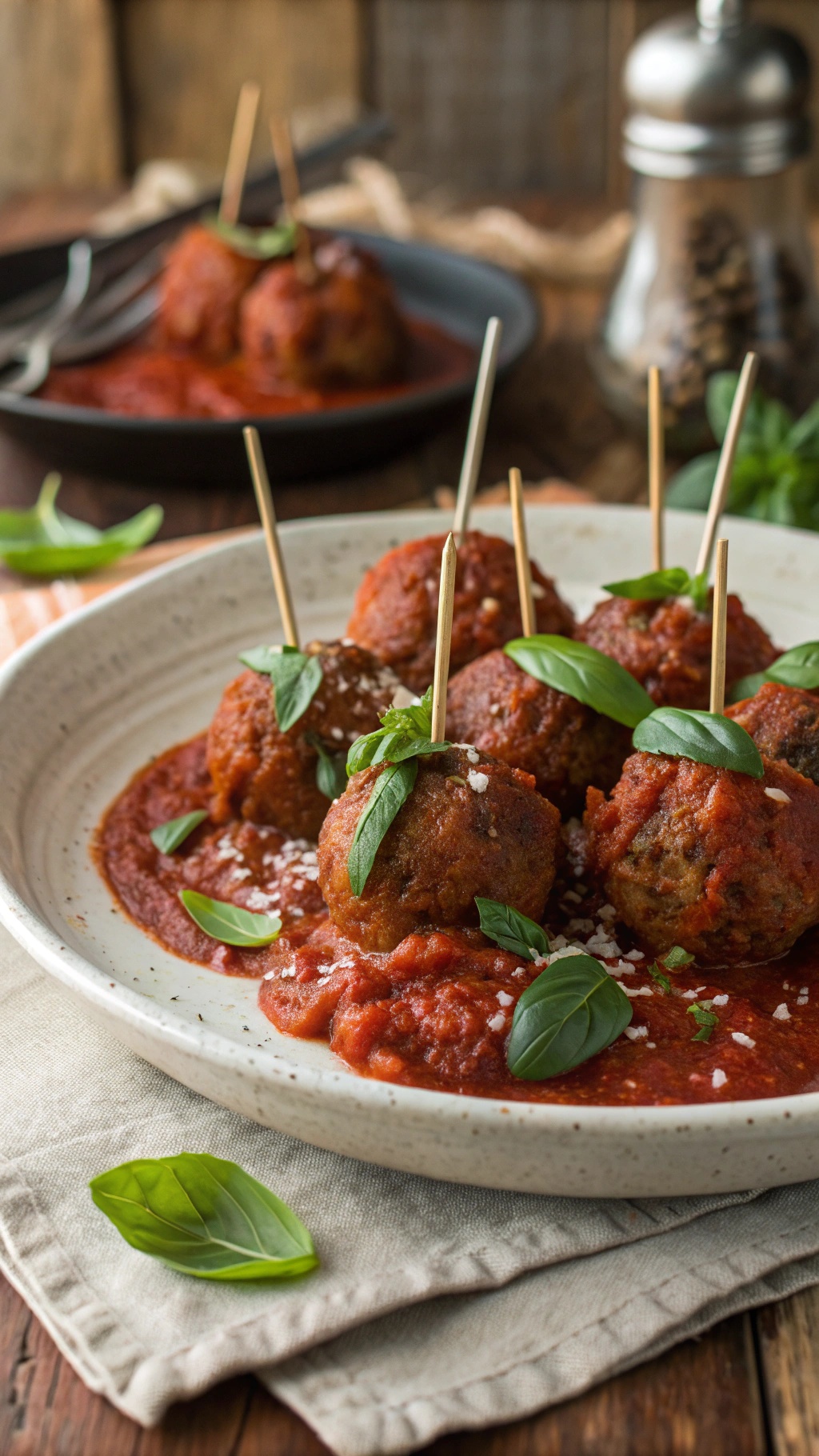 Vegan meatballs in marinara sauce garnished with basil leaves on a plate.