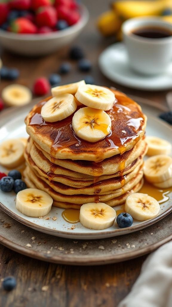 Fluffy banana oatmeal pancakes stacked on a plate, topped with banana slices and syrup, surrounded by fresh berries and a cup of coffee.