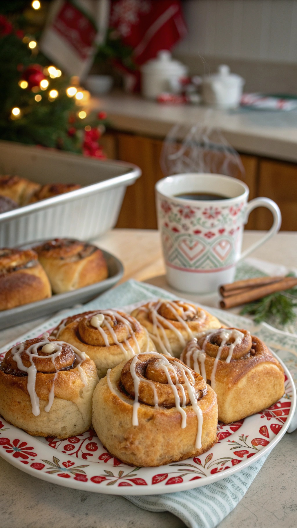 Freshly baked cinnamon rolls on a festive plate with a cup of coffee and a Christmas tree in the background.