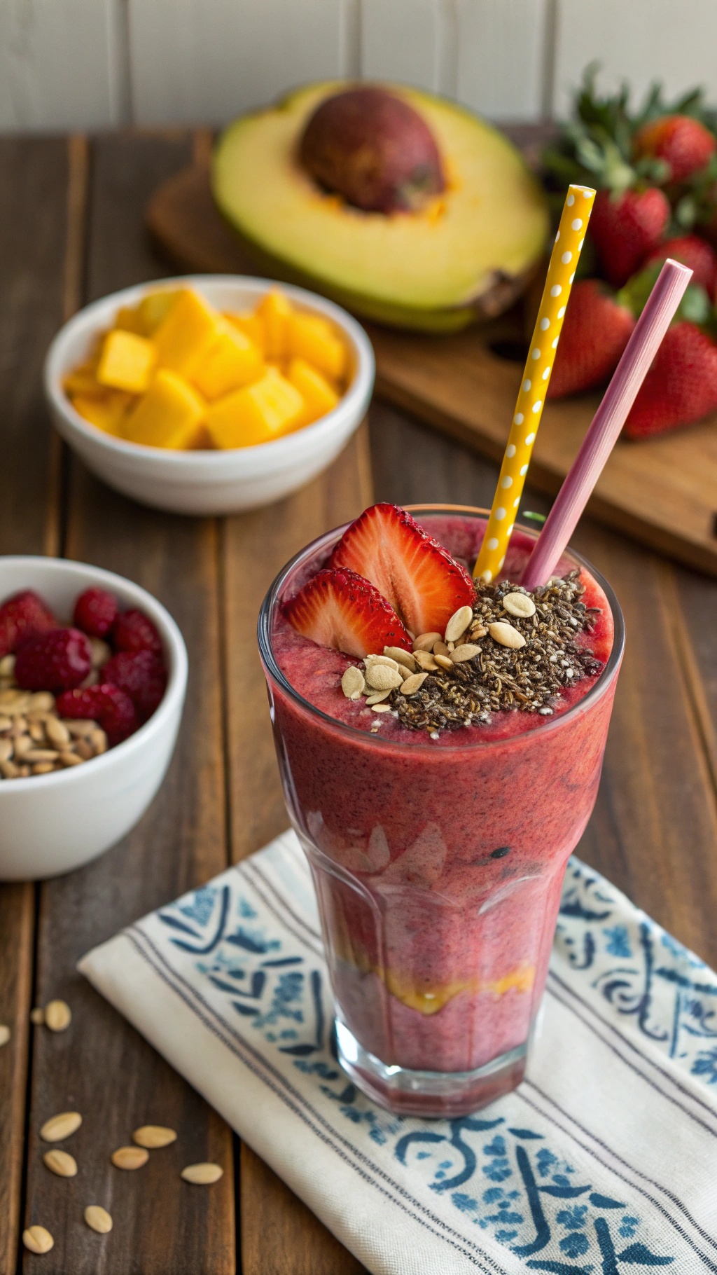 A colorful vegan protein smoothie topped with fresh strawberries and seeds, surrounded by bowls of fruits.