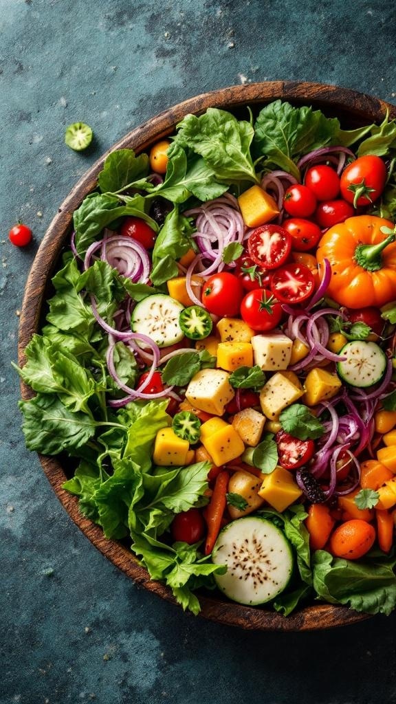 A colorful salad with various vegetables including tomatoes, cucumbers, and leafy greens.