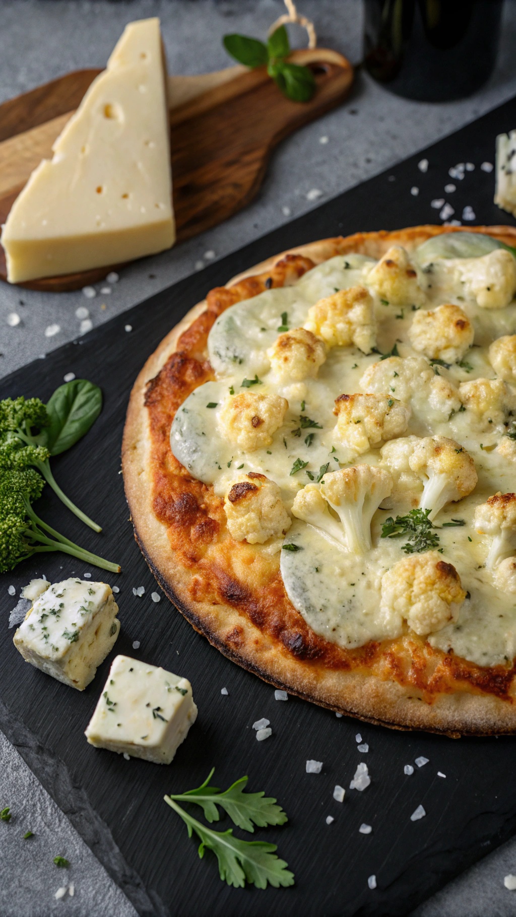 Four cheese cauliflower pizza with fresh herbs and cheese on a black slate serving board.