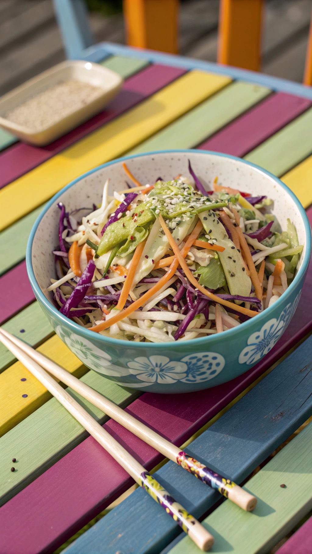 A bowl of fresh cabbage slaw with colorful vegetables on a vibrant table.