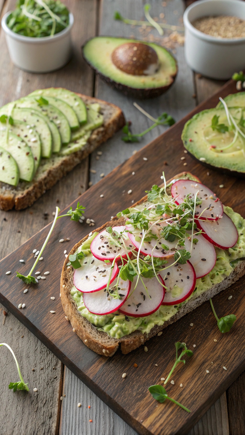 Avocado toast topped with radishes and microgreens on a wooden board.