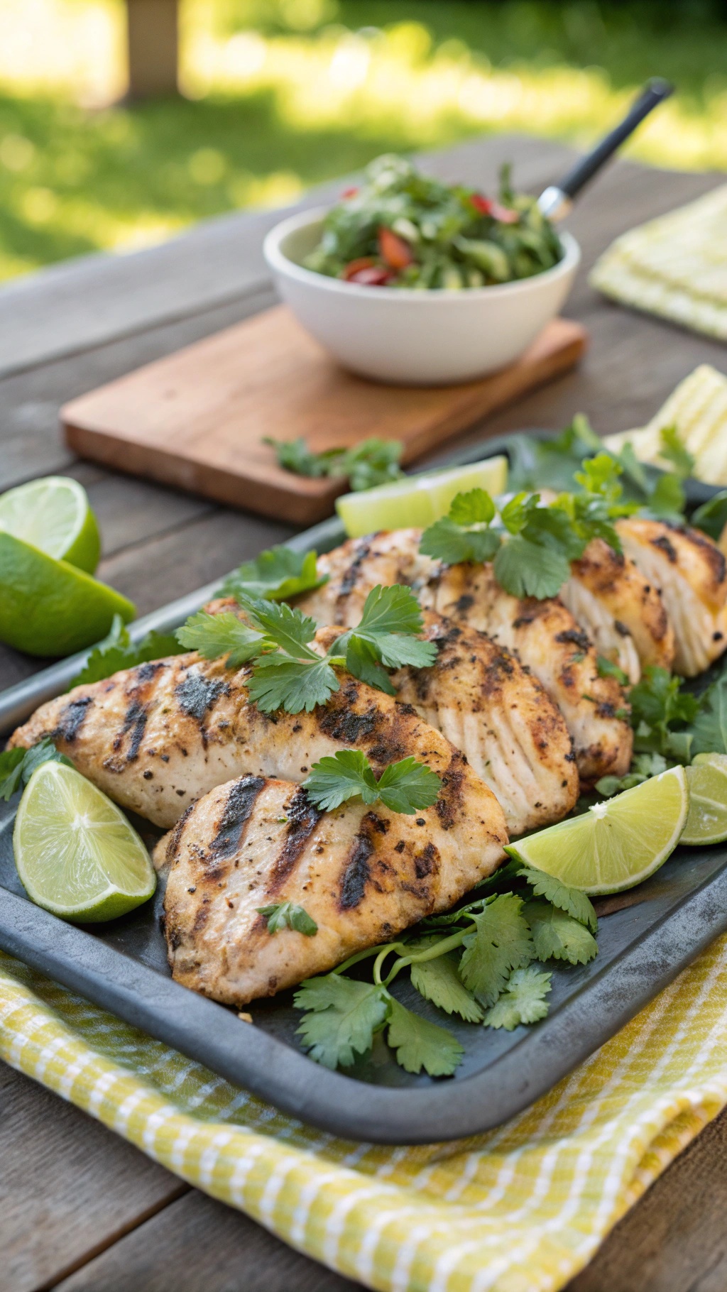 Grilled chicken garnished with cilantro and lime on a platter